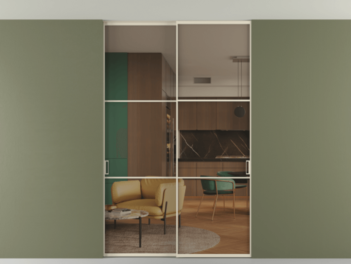 Перегородка Формато внутри проёма скрытое крепление в потолок 2 створки АЛПР 040.03 Алюминий бежево-серый Прозрачное бронзовое стекло, триплекс Цена 50387650 so'm | Volhovec