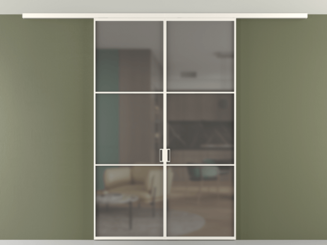 Перегородка Формато вдоль стены на потолок 2 створки АЛПР 040.03 Алюминий пудровый белый Сатинированное серое стекло, триплекс Цена 46267760 so'm | Volhovec