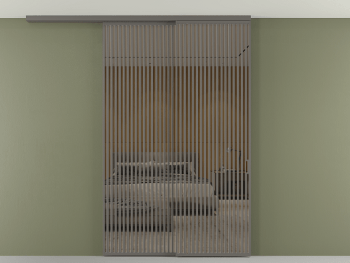 Перегородка Формато вдоль стены на потолок 2 створки с синхронным механизмом АЛПР 040.06 Алюминий классический серый Рефлективное бронзовое стекло "Стопсол", калёное Цена 94040970 so'm | Volhovec