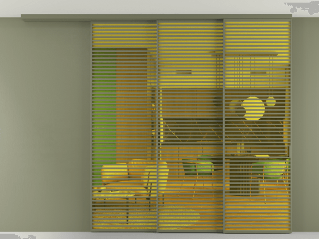 Перегородка Formato вдоль стены на потолок 3 створки с синхронным механизмом АЛПР 040.07 Алюминий оливковый тёмный Прозрачное жёлтое стекло, триплекс Цена 132982110 so'm | Volhovec