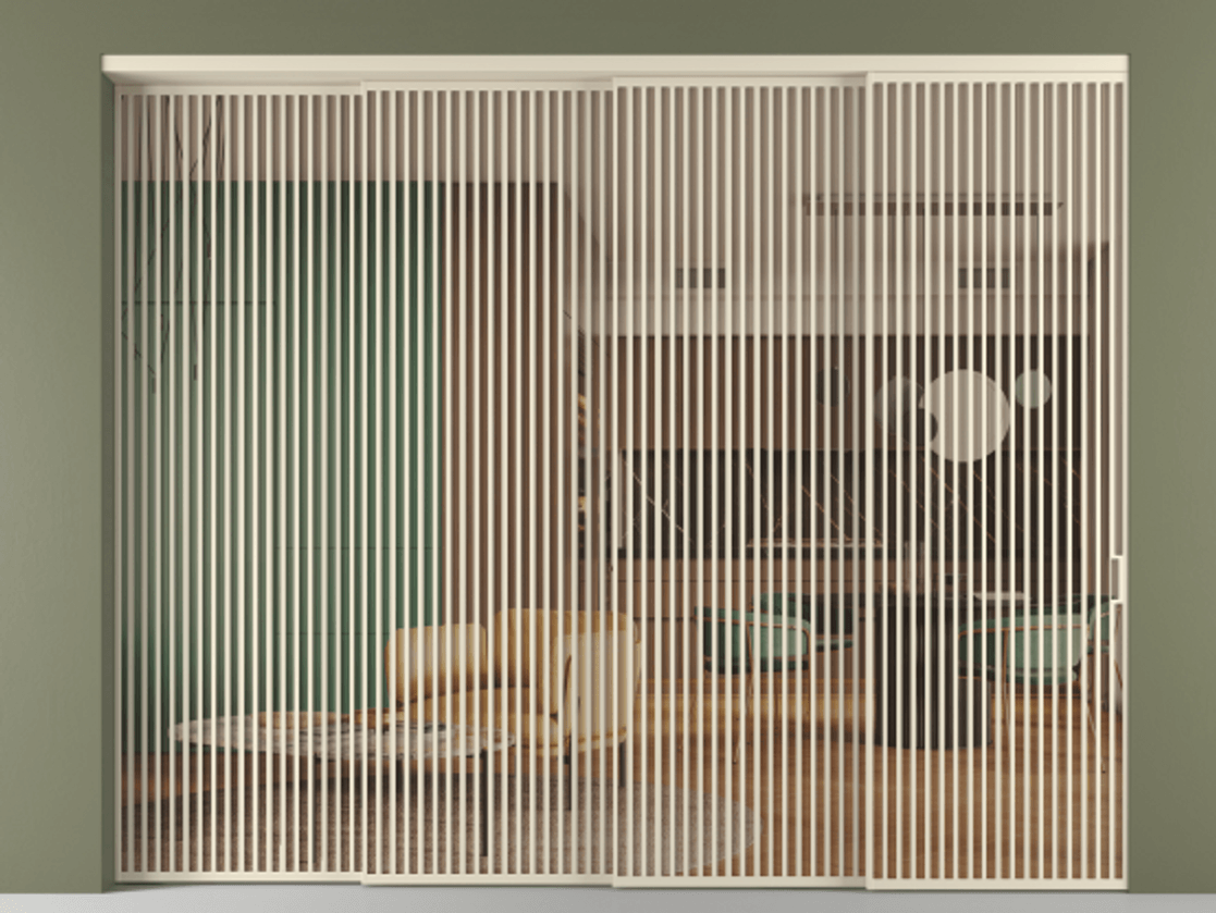 Перегородка Formato внутри проёма 4 створки с синхронным механизмом АЛПР 040.06 Алюминий бежево-серый Прозрачное оранжевое стекло, триплекс Цена 157795960 so'm | Volhovec