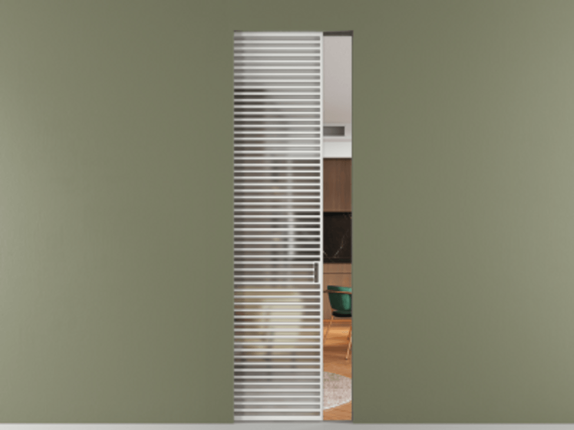 Перегородка Формато скрытый пенал 1 створка АЛПР 040.07 Алюминий белоснежный Сатинированное стекло "Мателюкс Кристал Вижн", калёное, матовое, каленое 6 мм Цена 48756540 so'm | Volhovec