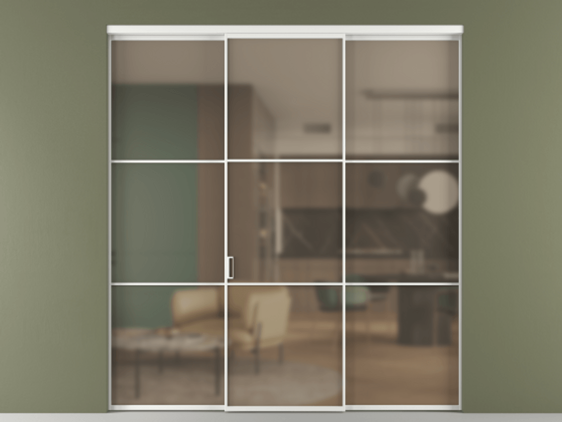 Перегородка Формато внутри проёма 3 створки АЛПР 040.03 Алюминий белоснежный Сатинированное бронзовое стекло, триплекс Цена 48166830 so'm | Volhovec