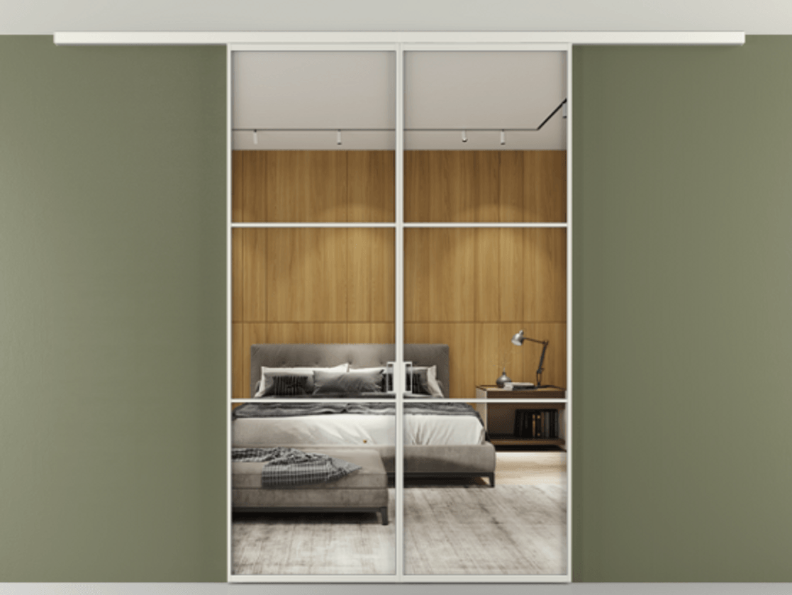 Перегородка Формато вдоль стены на потолок 2 створки АЛПР 040.03 Алюминий серый Двустороннее зеркало, триплекс , триплекс 6 мм Цена 46267760 so'm | Volhovec