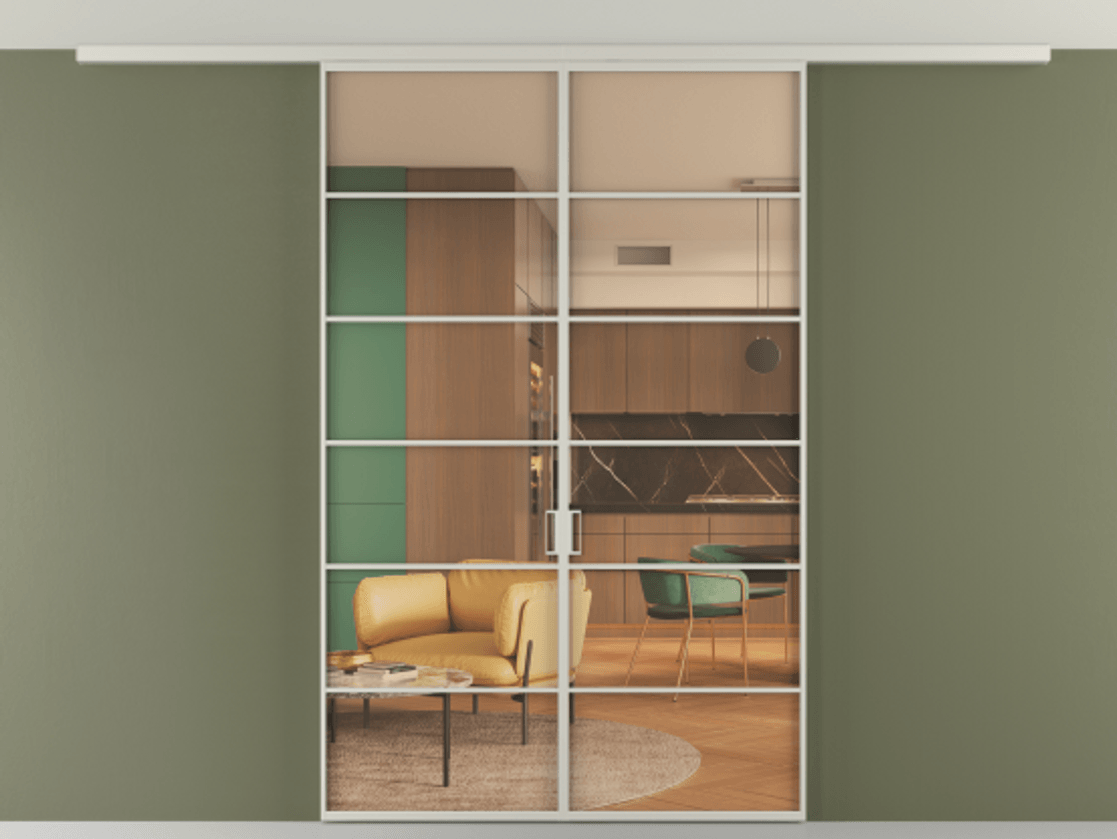 Перегородка Формато вдоль стены на потолок 2 створки АЛПР 040.04 Алюминий тёплый серый Прозрачное оранжевое стекло, триплекс Цена 40495460 so'm | Volhovec