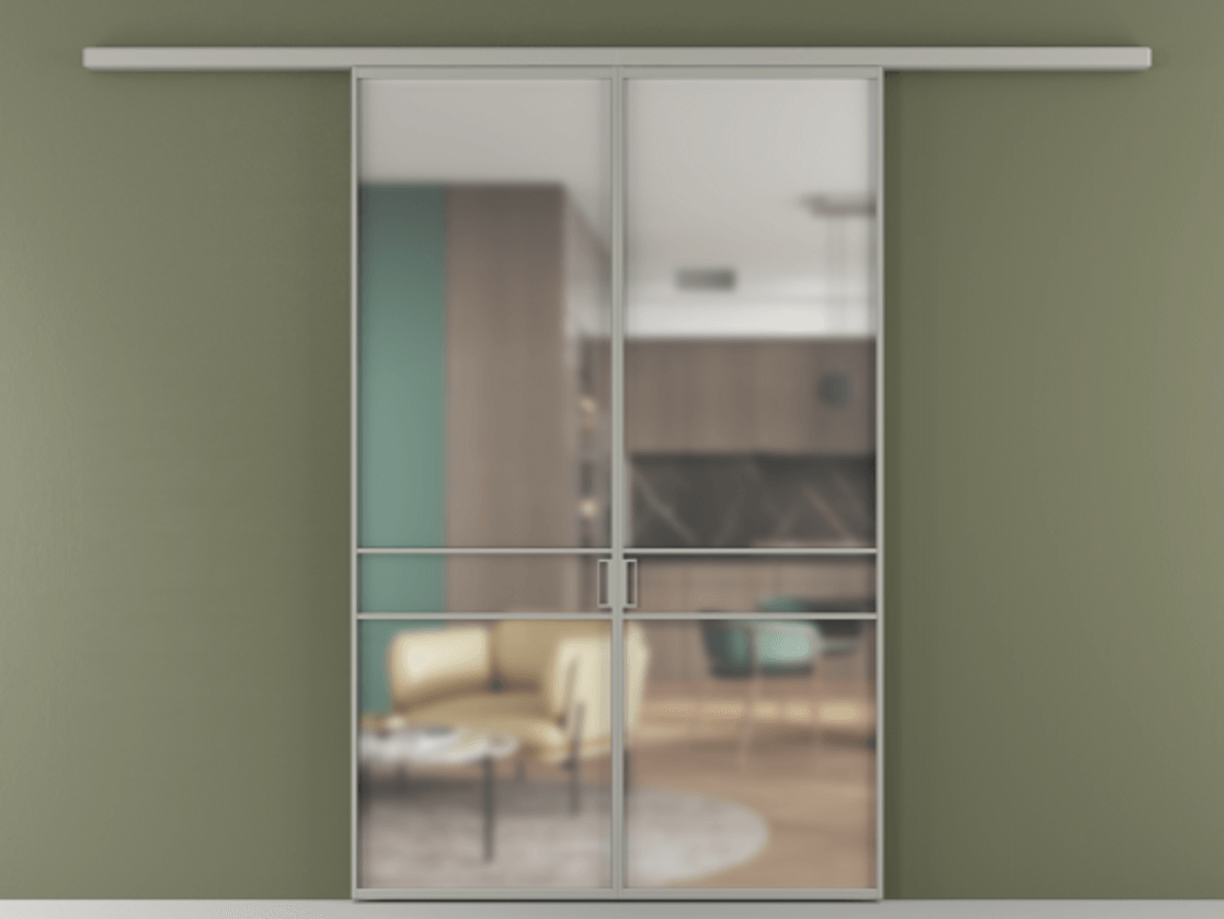 Перегородка Формато вдоль стены 2 створки АЛПР 040.02 Алюминий нейтральный серый Сатинированное стекло "Мателюкс Кристал Вижн", калёное, матовое, каленое 6 мм Цена 215760 ₽ | Volhovec