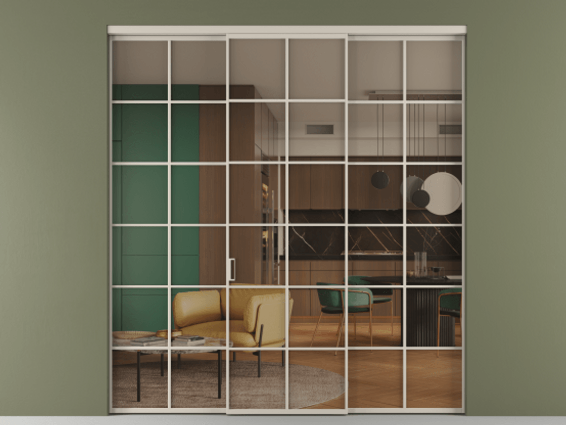 Перегородка Formato внутри проёма 3 створки АЛПР 040.05 Алюминий светло-бежевый Прозрачное бронзовое стекло, триплекс Цена 51729480 so'm | Volhovec