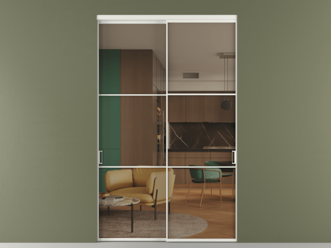 Перегородка Формато внутри проёма 2 створки АЛПР 040.03 Алюминий светло-серый Прозрачное бронзовое стекло, триплекс Цена 86224250 so'm  | Volhovec