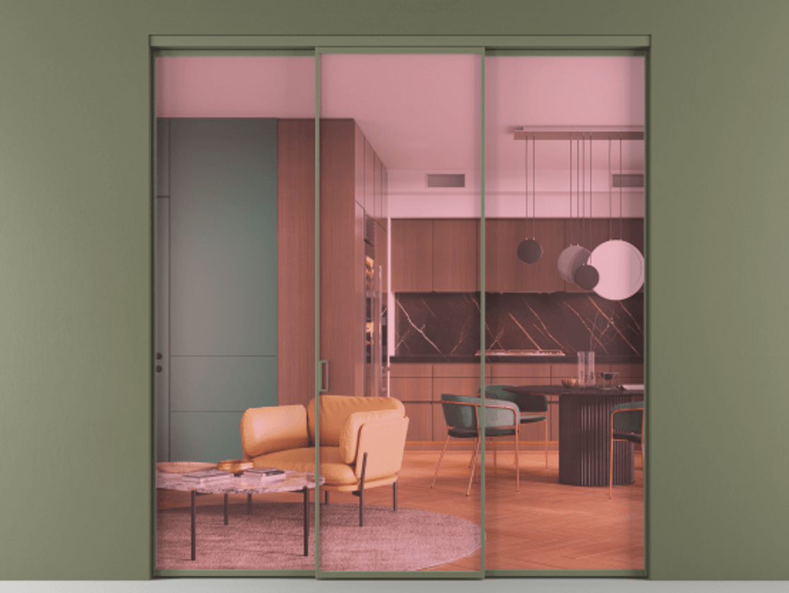 Перегородка Формато внутри проёма 3 створки АЛПР 040.01 Алюминий оливковый тёмный Прозрачное розовое стекло, триплекс Цена 45700380 so'm | Volhovec