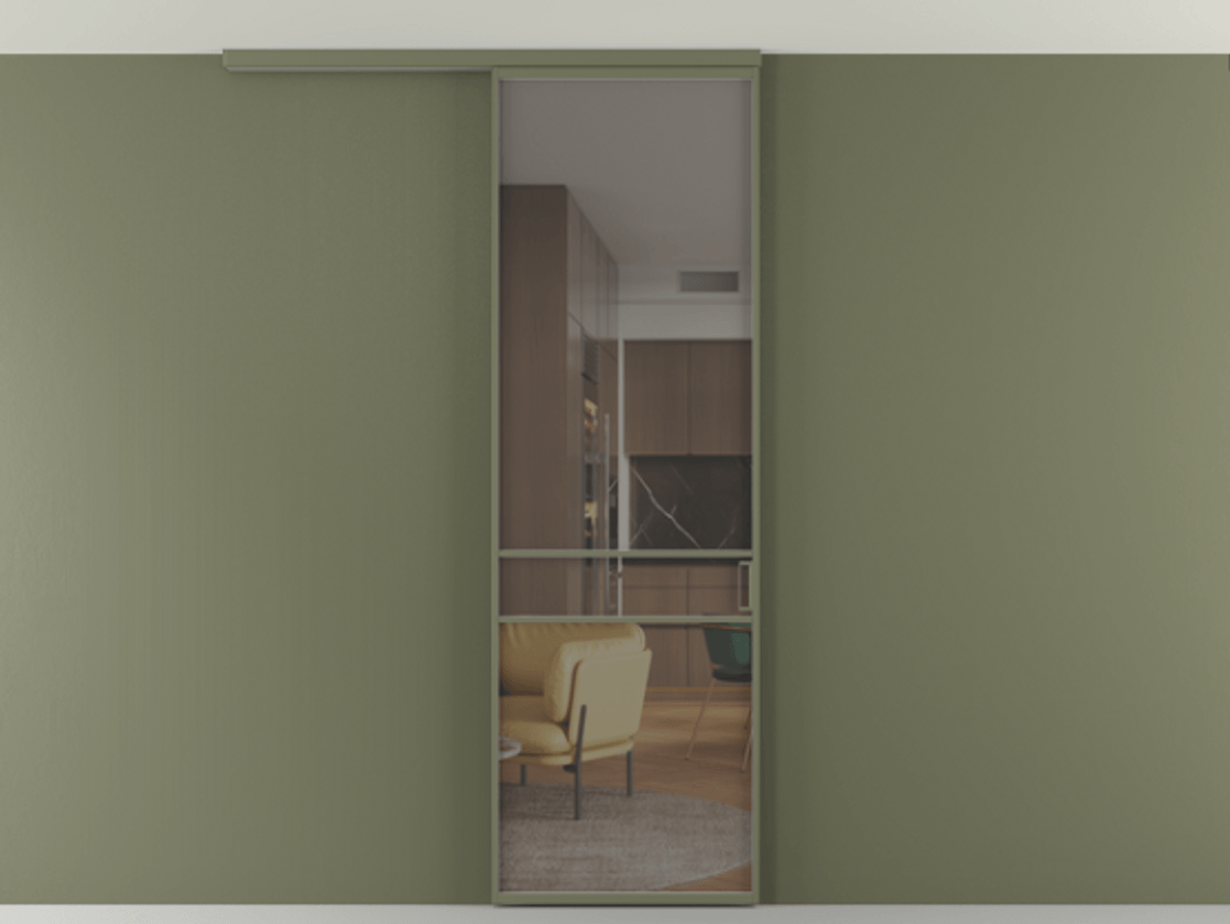 Перегородка Формато вдоль стены на потолок 1 створка АЛПР 040.02 Алюминий оливковый тёмный Прозрачное серое стекло, триплекс Цена 19662170 so'm | Volhovec