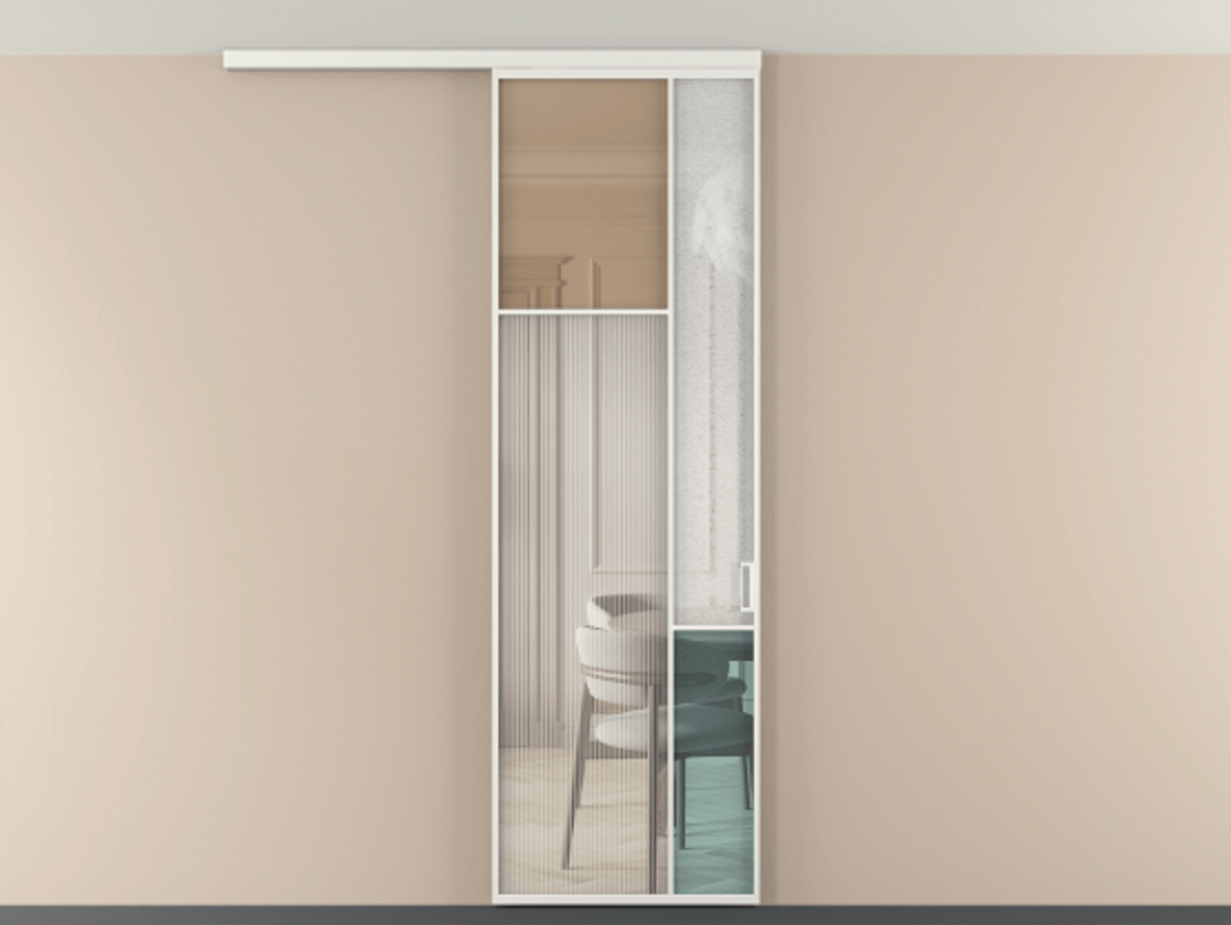 Перегородка Мозаик вдоль стены на потолок 1 створка АЛПР 041.10 Алюминий светло-серый Комбинация стекол Группы 1 и Группы 3 Цена 28631120 so'm | Volhovec