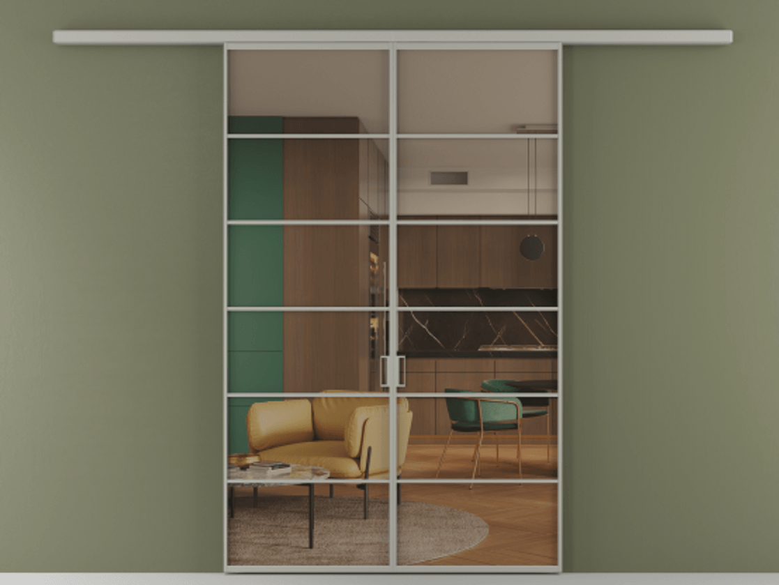 Перегородка Формато вдоль стены 2 створки АЛПР 040.04 Алюминий нейтральный серый Прозрачное бронзовое стекло, триплекс Цена 42051450 so'm | Volhovec