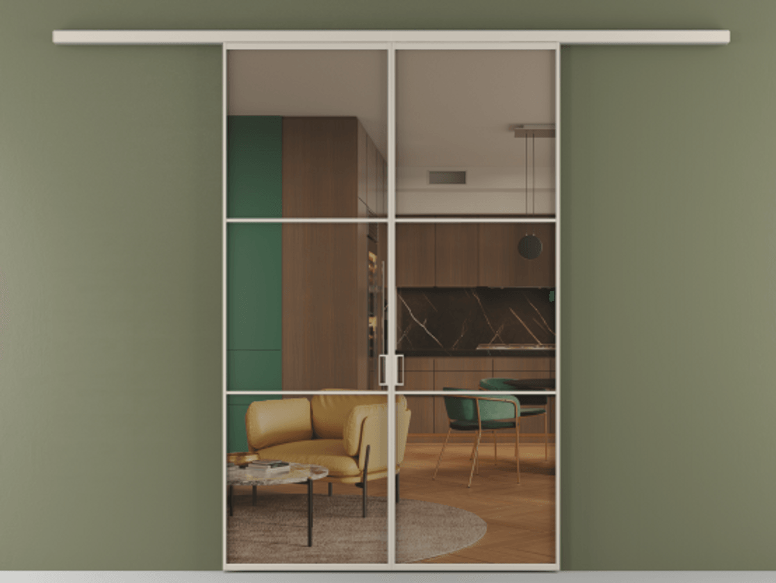 Перегородка Формато вдоль стены 2 створки АЛПР 040.03 Алюминий светло-бежевый Прозрачное бронзовое стекло, триплекс Цена 39676350 so'm | Volhovec