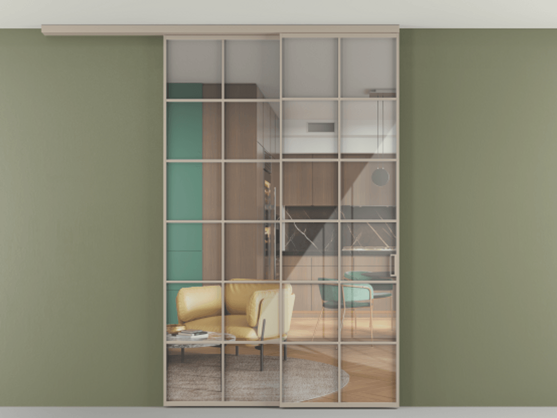 Перегородка Формато вдоль стены на потолок 2 створки с синхронным механизмом АЛПР 040.05 Алюминий бисквитный Рефлективное прозрачное стекло "Стопсол", калёное Цена 61814310 so'm | Volhovec