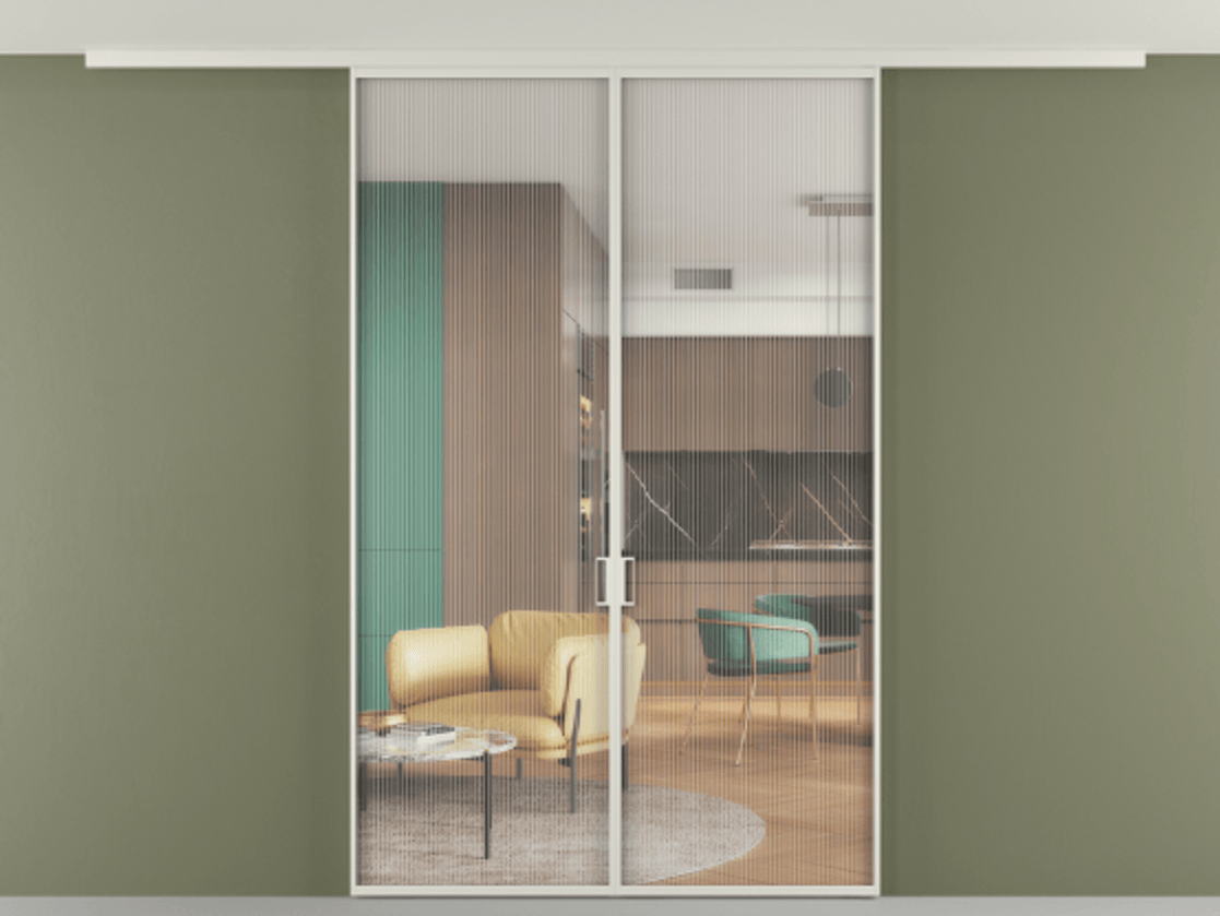 Перегородка Формато вдоль стены на потолок 2 створки АЛПР 040.01 Алюминий Белый Рифлёное стекло "Мору", триплекс Цена 37147990 so'm | Volhovec