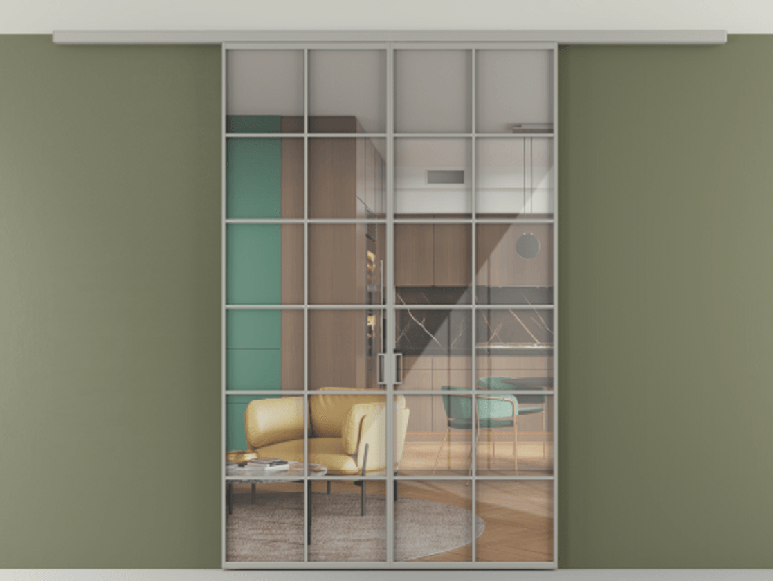 Перегородка Формато вдоль стены на потолок 2 створки АЛПР 040.05 Алюминий нейтральный серый Рефлективное прозрачное стекло "Стопсол", калёное Цена 44945010 so'm | Volhovec