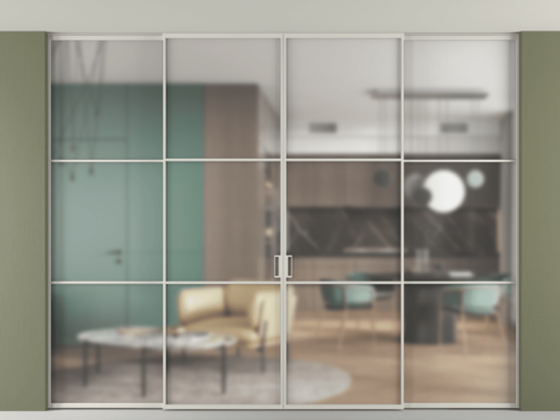 Перегородка Formato внутри проёма скрытое крепление в потолок 4 створки АЛПР 040.03 Алюминий тёплый серый Сатинированное стекло "Мателюкс Кристал Вижн", калёное, матовое, каленое 6 мм Цена 112693420 so'm | Volhovec