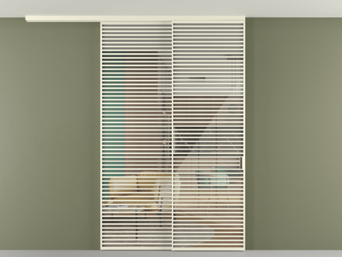 Перегородка Формато вдоль стены на потолок 2 створки с синхронным механизмом АЛПР 040.07 Алюминий молочно-белый Рефлективное прозрачное стекло "Стопсол", калёное Цена 94040970 so'm | Volhovec