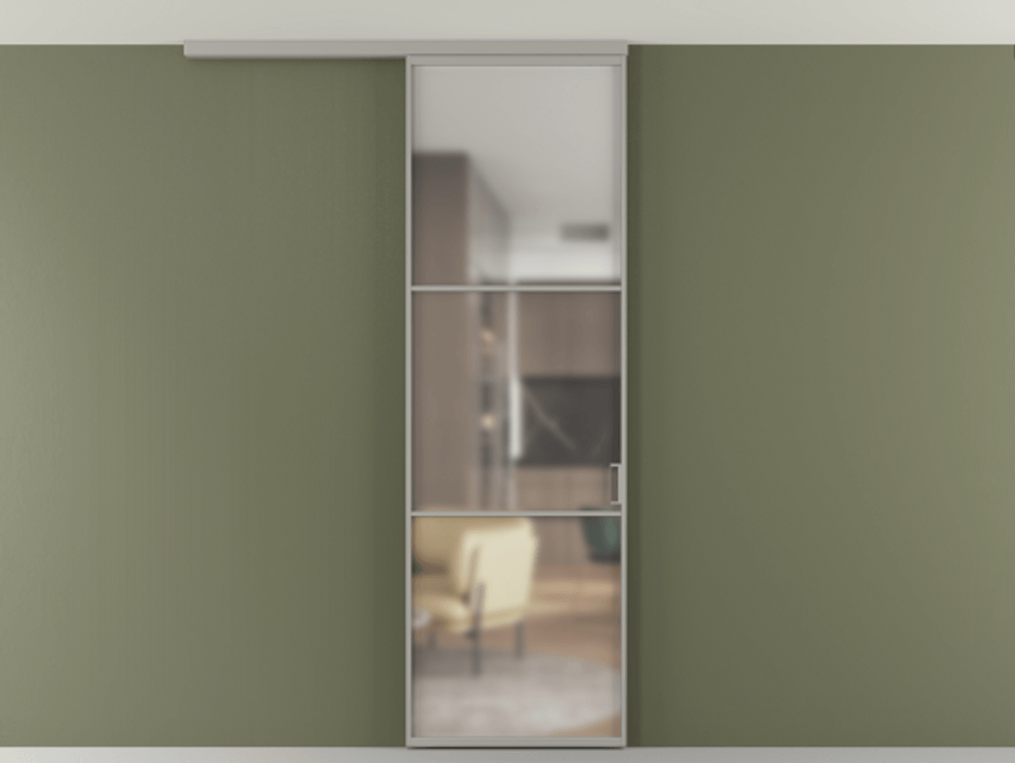 Перегородка Формато вдоль стены на потолок 1 створка АЛПР 040.03 Алюминий нейтральный серый Сатинированное стекло "Мателюкс Кристал Вижн", калёное, матовое, каленое 6 мм Цена 25478530 so'm | Volhovec