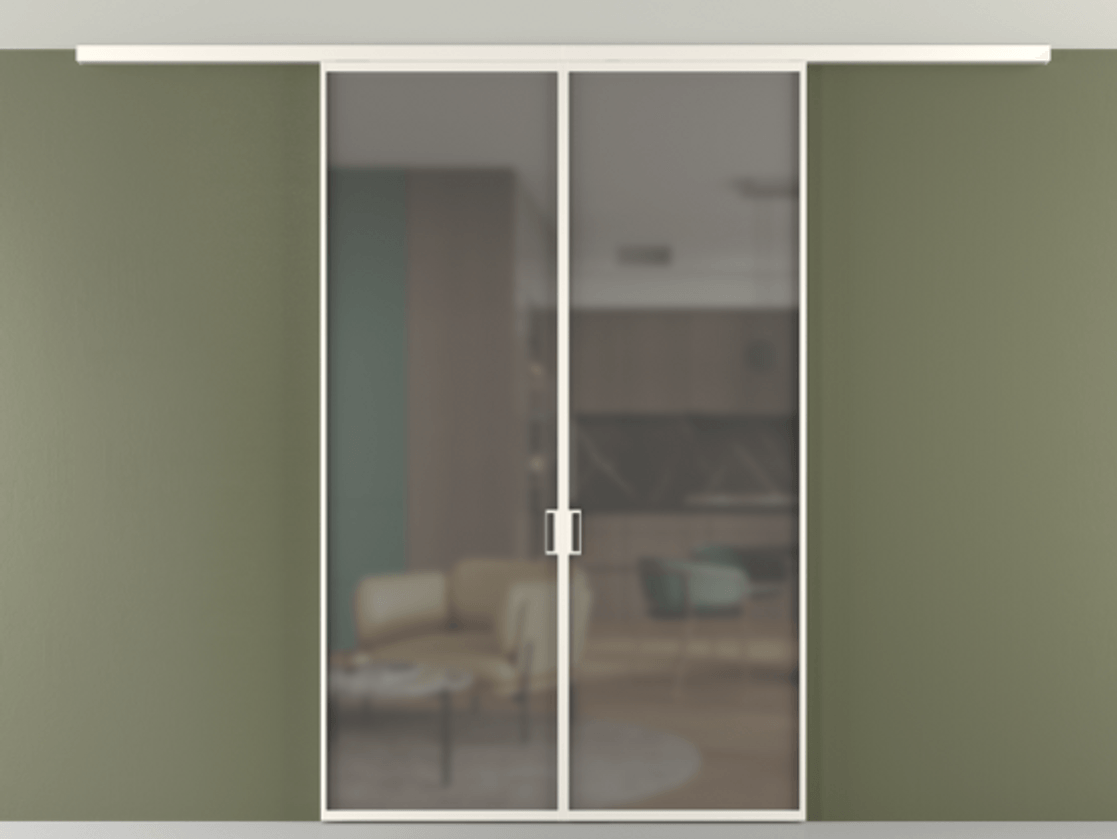 Перегородка Формато вдоль стены на потолок 2 створки АЛПР 040.01 Алюминий пудровый белый Сатинированное серое стекло, триплекс Цена 36074120 so'm | Volhovec