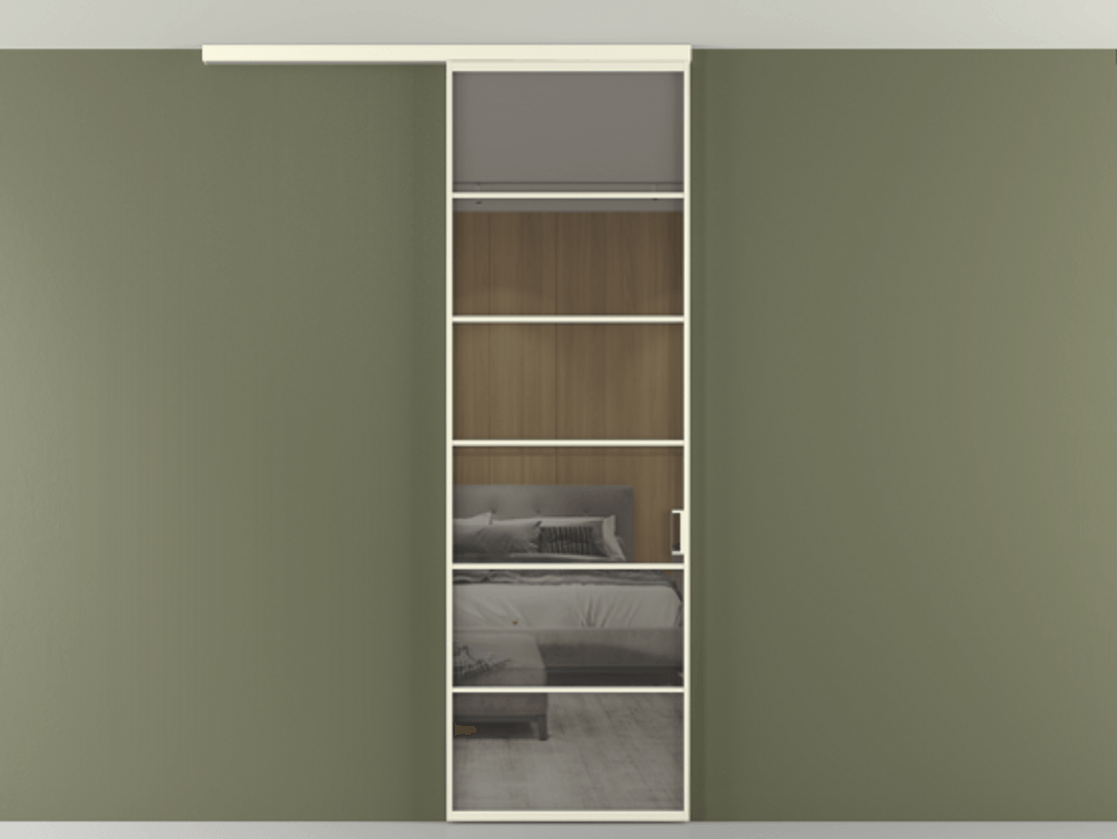 Перегородка Формато вдоль стены на потолок 1 створка АЛПР 040.04 Алюминий молочно-белый Рефлективное серое стекло "Стопсол", калёное Цена 23193160 so'm | Volhovec