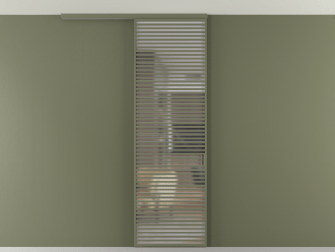 Перегородка Формато вдоль стены на потолок 1 створка АЛПР 040.07 Алюминий оливковый тёмный Сатинированное стекло "Мателюкс Кристал Вижн", калёное, матовое, каленое 6 мм Цена 39306480 so'm | Volhovec