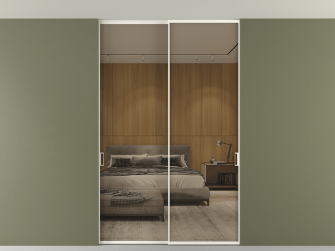 Перегородка Формато внутри проёма скрытое крепление в потолок 2 створки АЛПР 040.01 Алюминий пудровый белый Рефлективное бронзовое стекло "Стопсол", калёное Цена 59608920 so'm | Volhovec