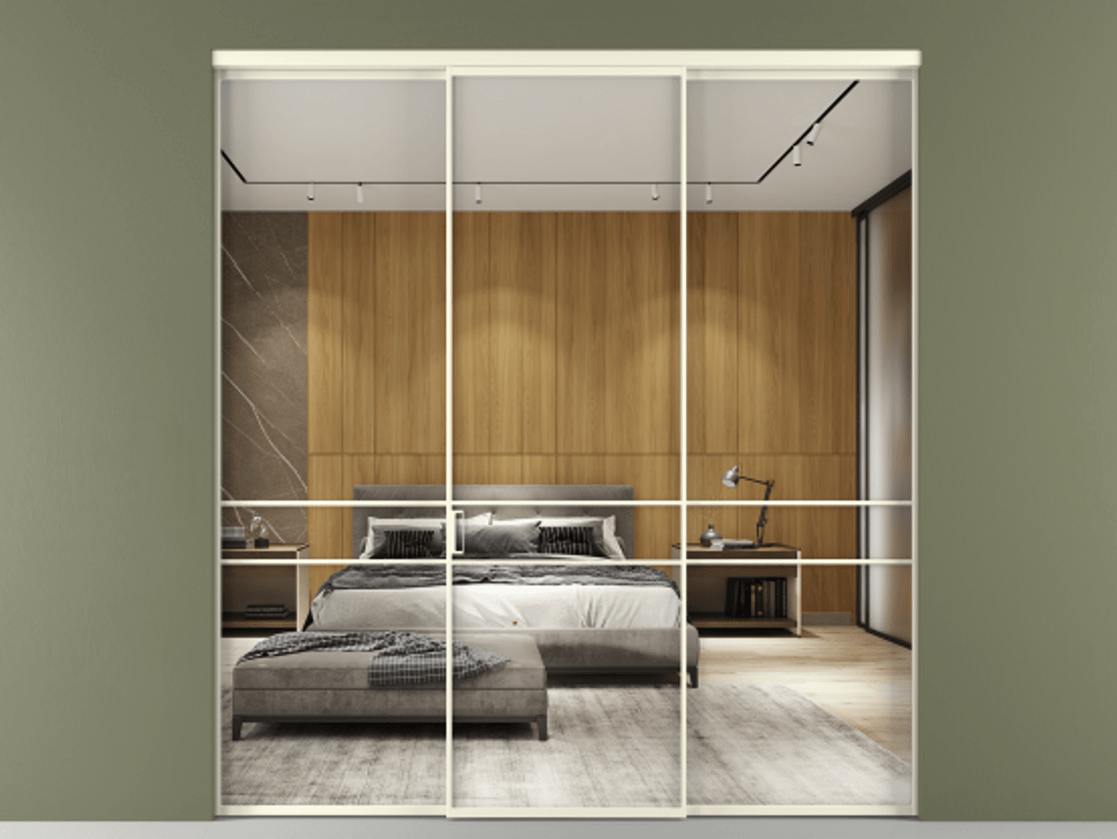 Перегородка Formato внутри проёма 3 створки АЛПР 040.02 Алюминий молочно-белый Двустороннее зеркало, триплекс , триплекс 6 мм Цена 48166830 so'm | Volhovec