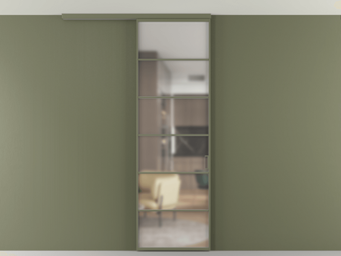 Перегородка Формато вдоль стены на потолок 1 створка АЛПР 040.04 Алюминий оливковый тёмный Сатинированное стекло "Мателюкс Кристал Вижн", калёное, матовое, каленое 6 мм Цена 23193160 so'm | Volhovec