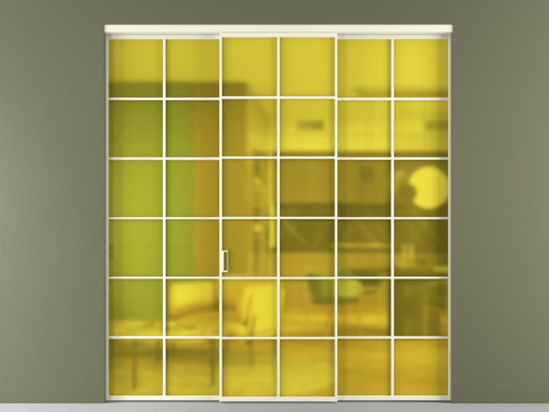 Перегородка Формато внутри проёма 3 створки АЛПР 040.05 Алюминий молочно-белый Сатинированное жёлтое стекло, триплекс Цена 51729480 so'm | Volhovec