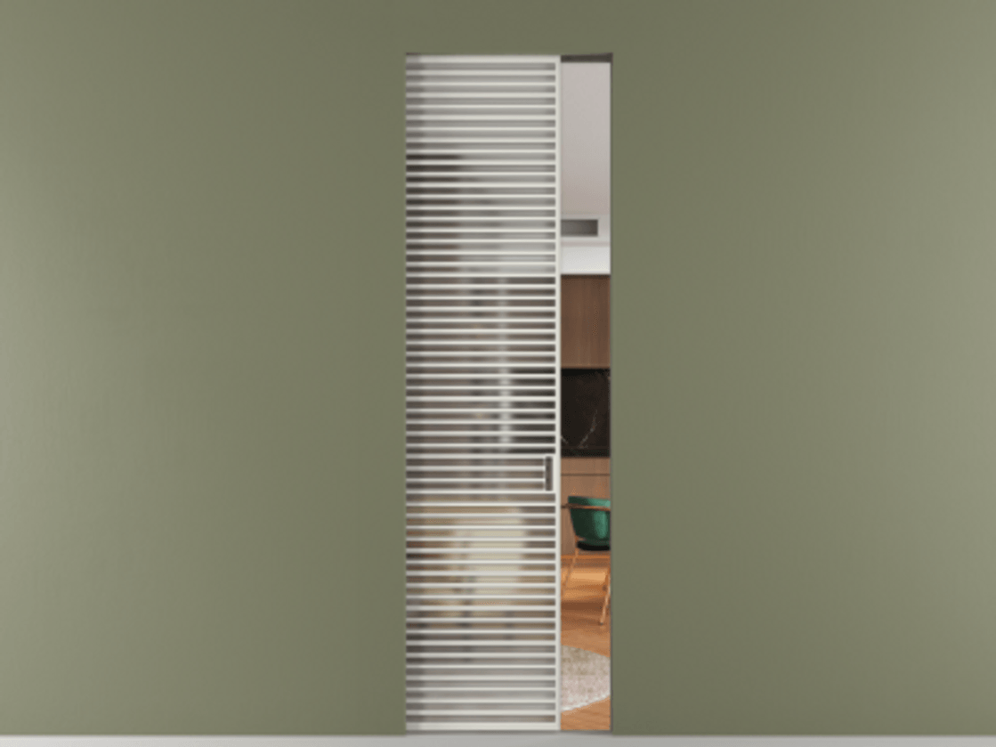 Перегородка Формато скрытый пенал 1 створка АЛПР 040.07 Алюминий Белый Сатинированное стекло "Мателюкс Кристал Вижн", калёное, матовое, каленое 6 мм Цена 28062720 so'm | Volhovec