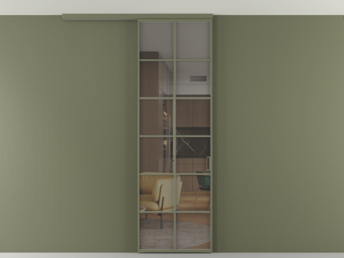 Перегородка Формато вдоль стены на потолок 1 створка АЛПР 040.05 Алюминий оливковый тёмный Прозрачное серое стекло, триплекс Цена 21893960 so'm | Volhovec