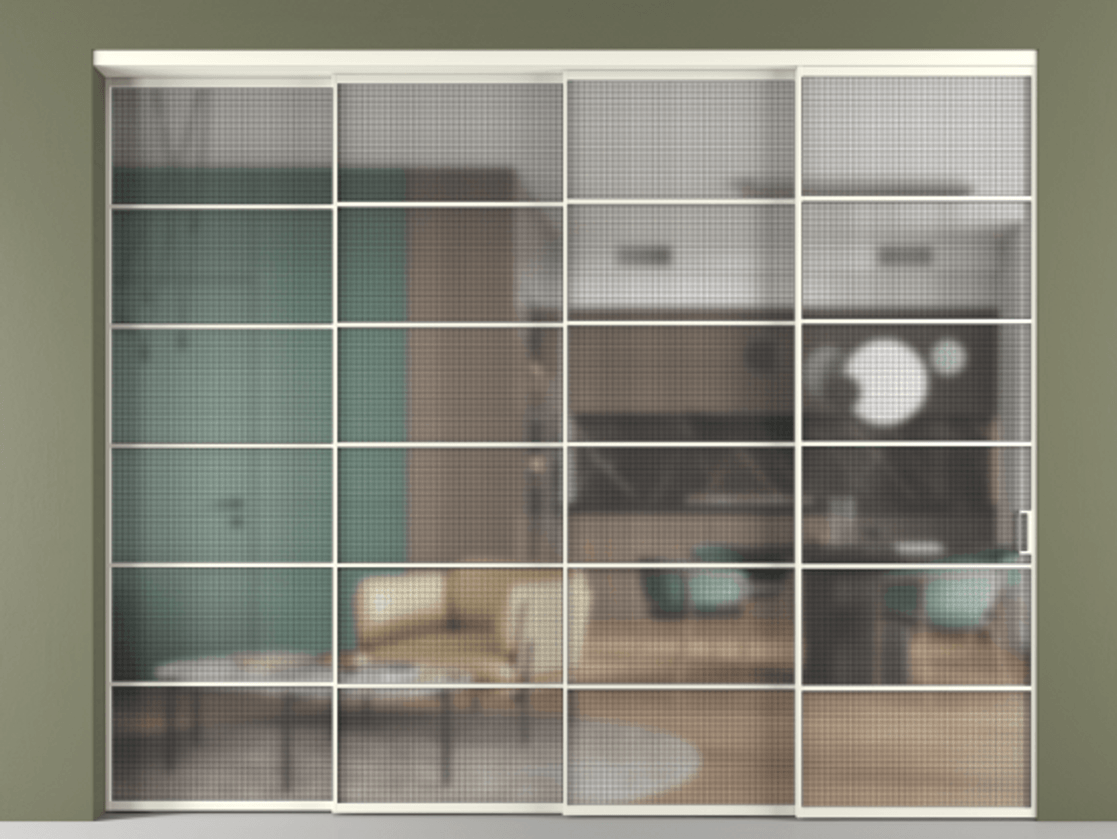 Перегородка Formato внутри проёма 4 створки с синхронным механизмом АЛПР 040.04 Алюминий жемчужный Декоративное стекло с сеткой "Mesh silver", триплекс. Цена 514280 ₽ 1. Полотно 4 шт. (800/2100 мм)
2. Комплект установки раздвижной системы
3. Базовый комплект фурнитуры
4. Комплект фурнитуры телескопик синхро-3
5. Ручка RONDO
. Фабрика дверей Волховец 8 (800) 551 43 19 Перегородка Formato внутри проёма 4 створки с синхронным механизмом АЛПР 040.04 Алюминий жемчужный Декоративное стекло с сеткой "Mesh silver", триплекс Цена 514280 ₽ | Volhovec