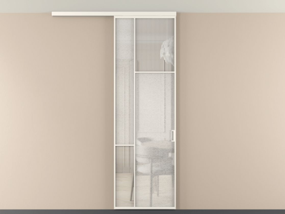 Перегородка Мозаик вдоль стены на потолок 1 створка АЛПР 041.11 Алюминий пудровый белый Рифлёное стекло "Дюна", триплекс, 6 мм + Фактурное стекло "Лёд", триплекс Цена 29037120 so'm | Volhovec