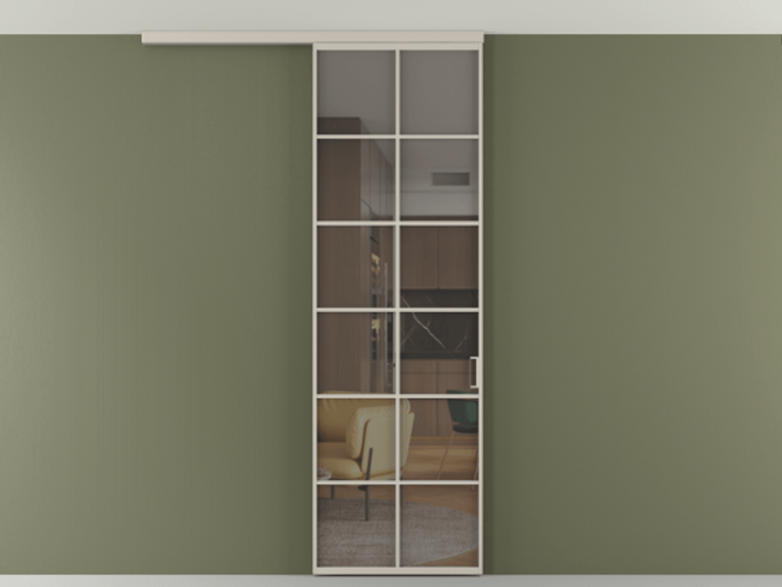 Перегородка Формато вдоль стены на потолок 1 створка АЛПР 040.05 Алюминий светло-бежевый Прозрачное серое стекло, триплекс Цена 21893960 so'm | Volhovec