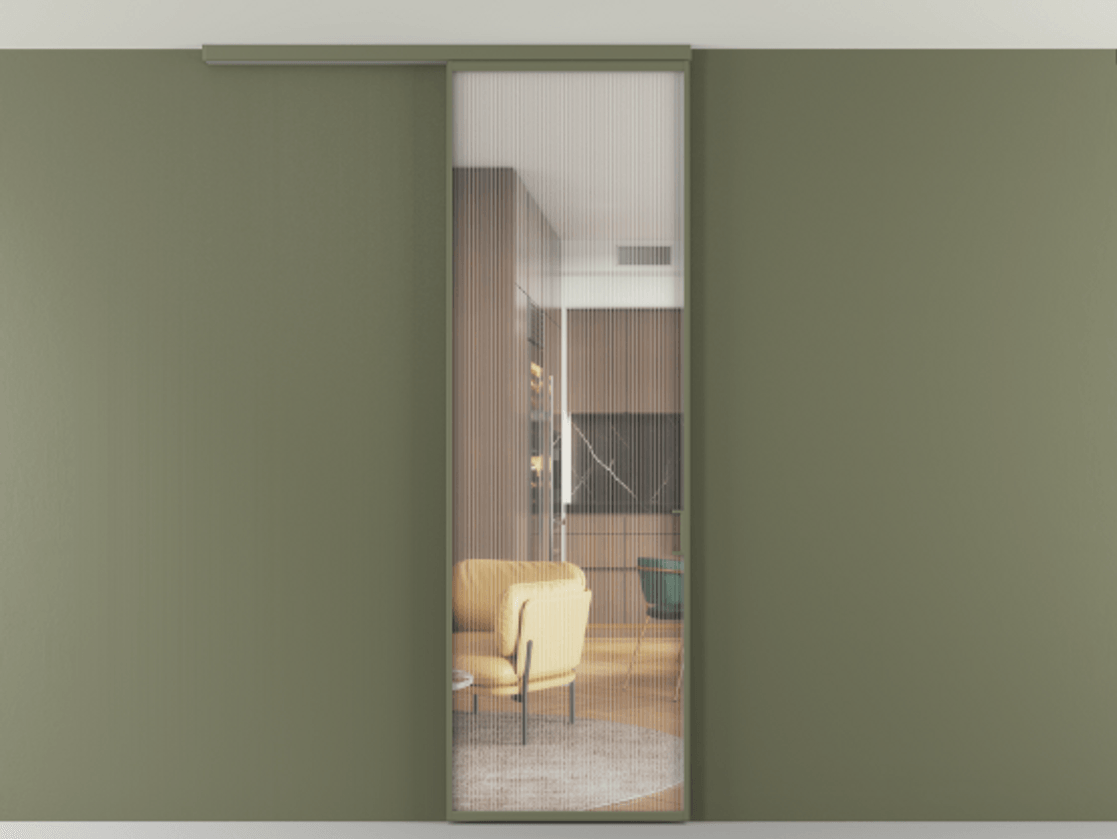 Перегородка Формато вдоль стены на потолок 1 створка АЛПР 040.01 Алюминий оливковый тёмный Рифлёное стекло "Мору", триплекс Цена 20835110 so'm | Volhovec