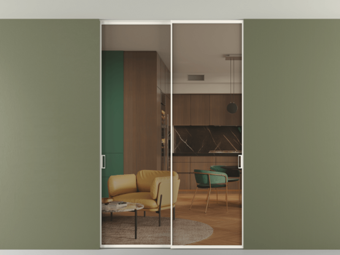 Перегородка Формато внутри проёма скрытое крепление в потолок 2 створки АЛПР 040.01 Алюминий пудровый белый Прозрачное бронзовое стекло, триплекс Цена 48578920 so'm | Volhovec