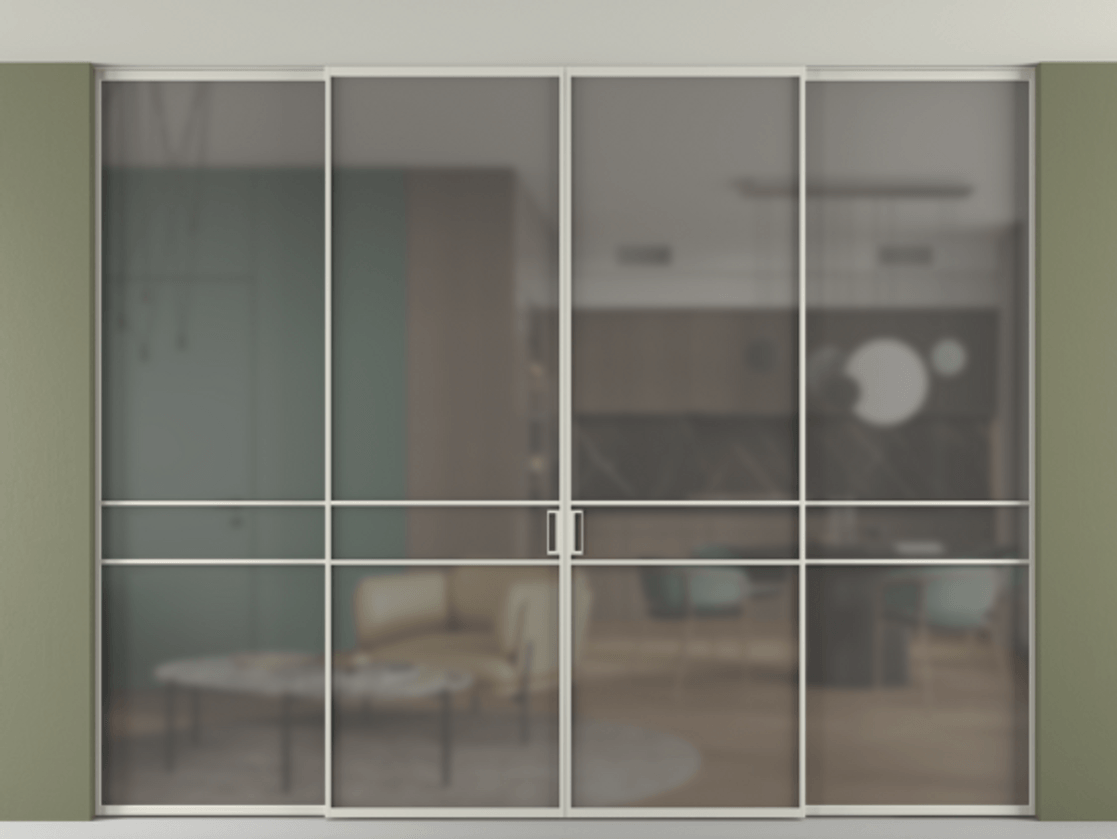 Перегородка Формато внутри проёма скрытое крепление в потолок 4 створки АЛПР 040.02 Алюминий тёплый серый Сатинированное серое стекло, триплекс Цена 89427590 so'm | Volhovec