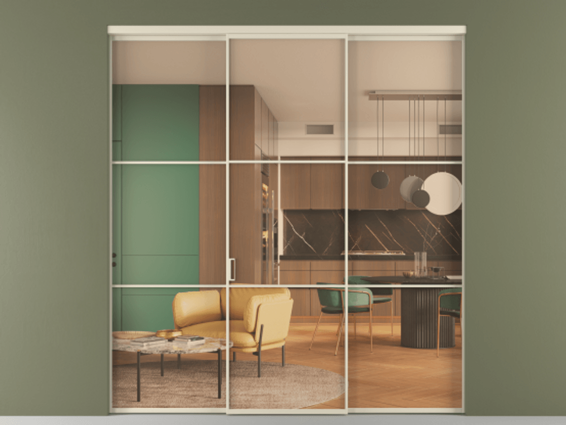 Перегородка Formato внутри проёма 3 створки АЛПР 040.03 Алюминий бежево-серый Прозрачное оранжевое стекло, триплекс Цена 50453620 so'm | Volhovec