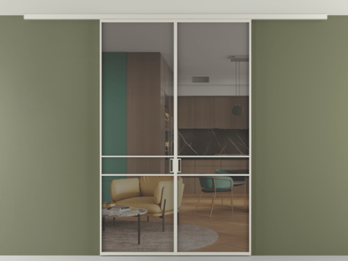 Перегородка Формато вдоль стены на потолок 2 створки АЛПР 040.02 Алюминий тёплый серый Прозрачное серое стекло, триплекс Цена 46267760 so'm | Volhovec