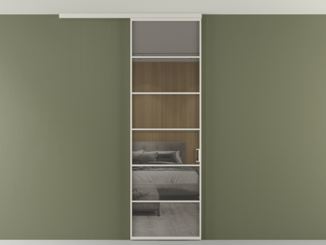 Перегородка Формато вдоль стены на потолок 1 створка АЛПР 040.04 Алюминий тёплый серый Рефлективное серое стекло "Стопсол", калёное Цена 27220270 so'm | Volhovec