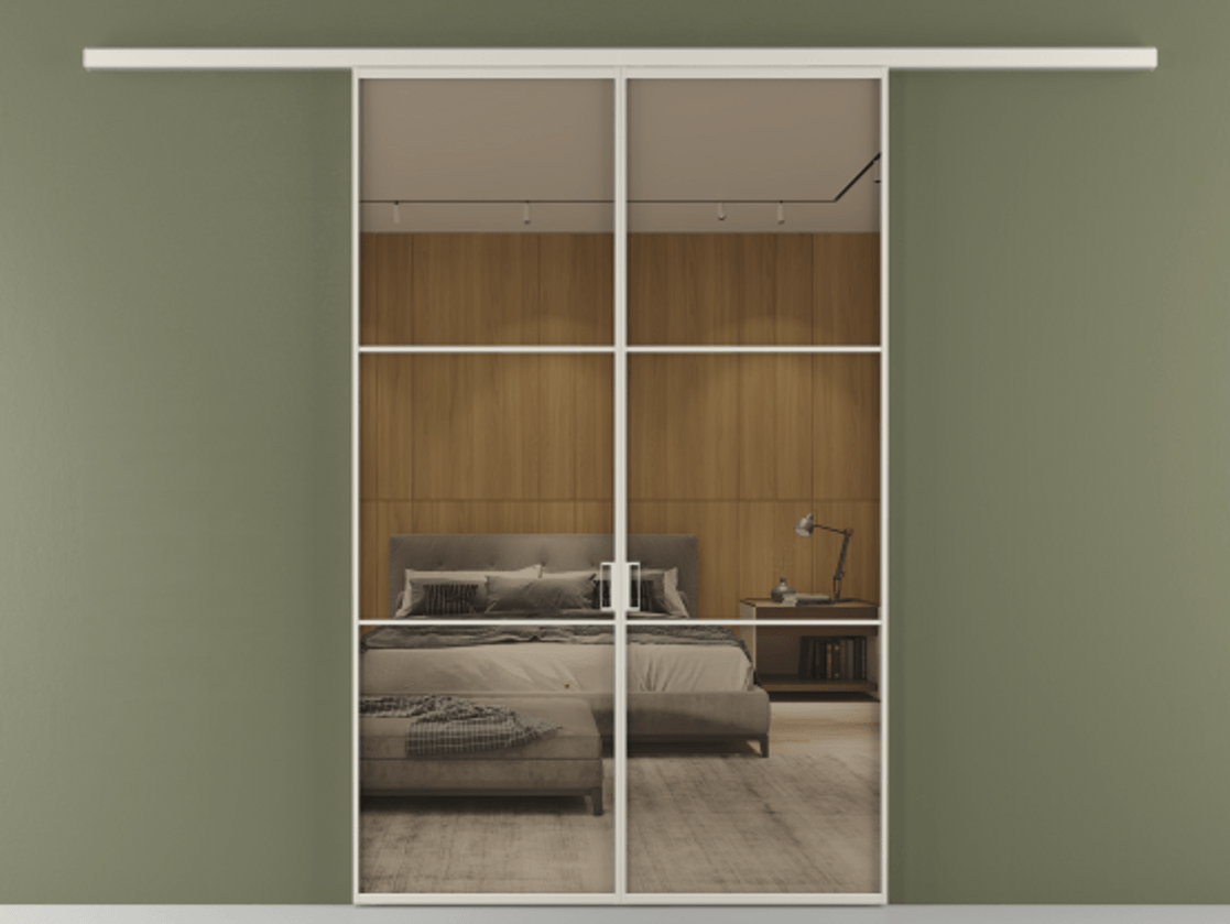 Перегородка Формато вдоль стены 2 створки АЛПР 040.03 Алюминий облачно-серый Рефлективное бронзовое стекло "Стопсол", калёное Цена 50547000 so'm | Volhovec