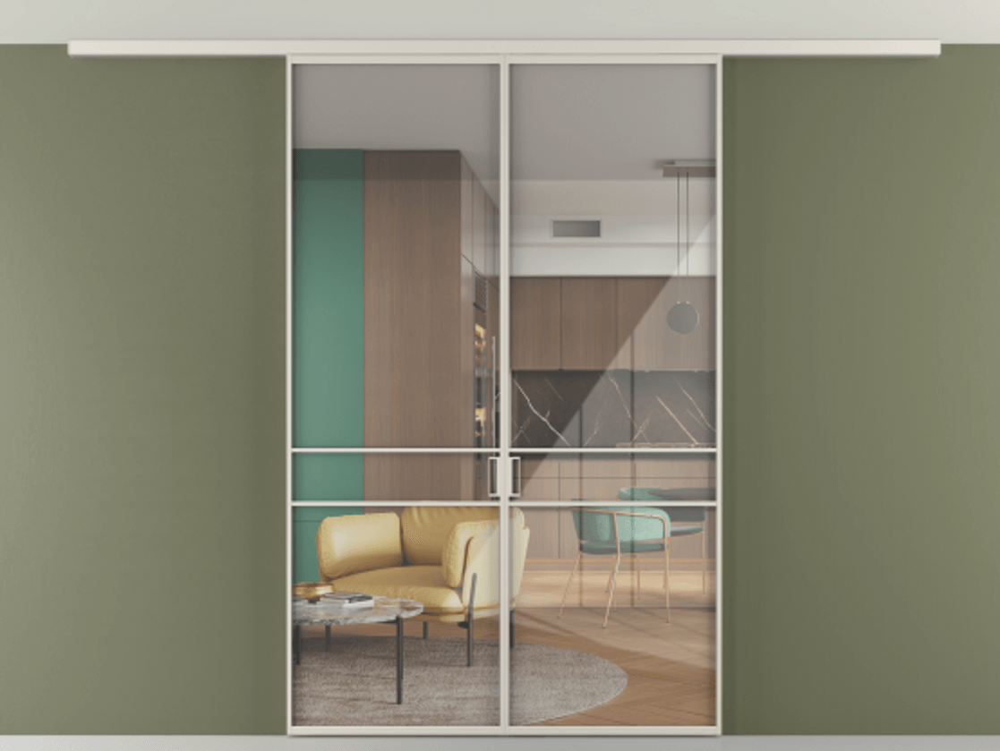 Перегородка Формато вдоль стены на потолок 2 створки АЛПР 040.02 Алюминий облачно-серый Рефлективное прозрачное стекло "Стопсол", калёное Цена 42158230 so'm | Volhovec