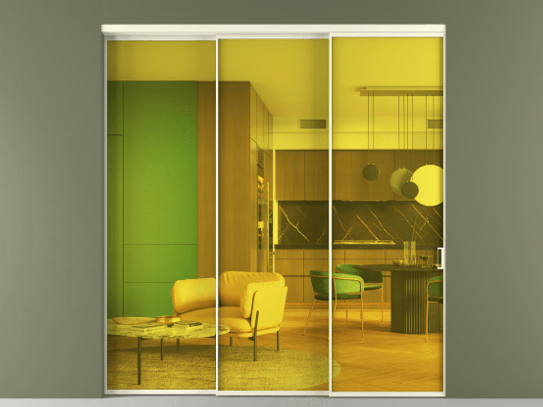 Перегородка Formato внутри проёма 3 створки с синхронным механизмом АЛПР 040.01 Алюминий молочно-белый Прозрачное жёлтое стекло, триплекс Цена 67310740 so'm  | Volhovec