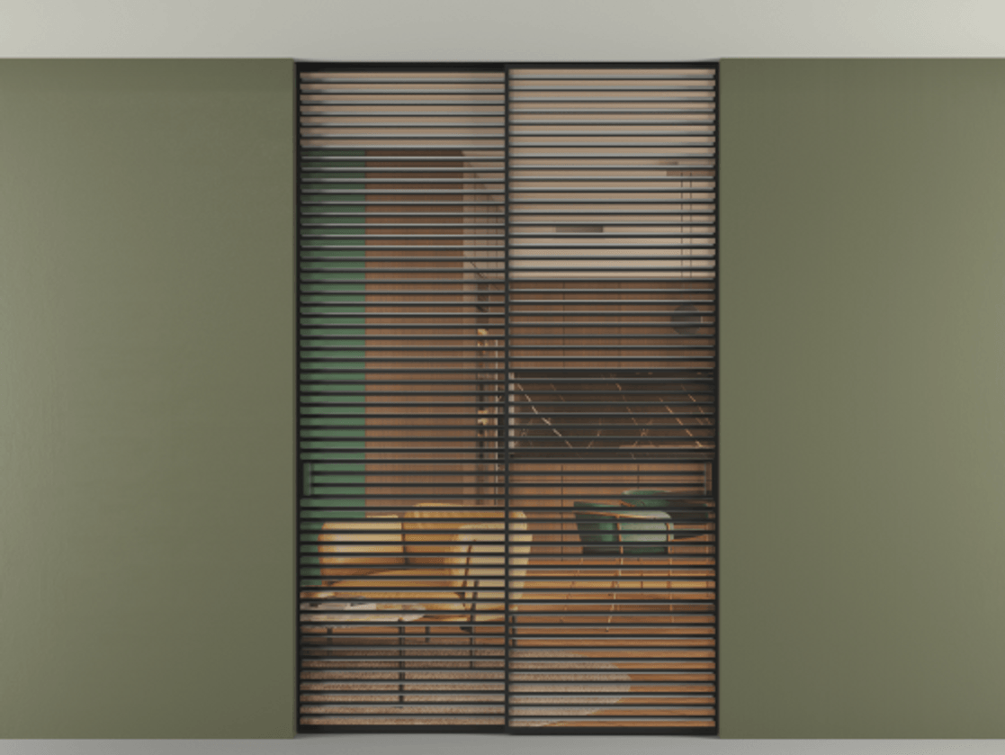 Перегородка Formato внутри проёма скрытое крепление в потолок 2 створки АЛПР 040.07 Алюминий Черный Прозрачное оранжевое стекло, триплекс Цена 396220 ₽ | Volhovec