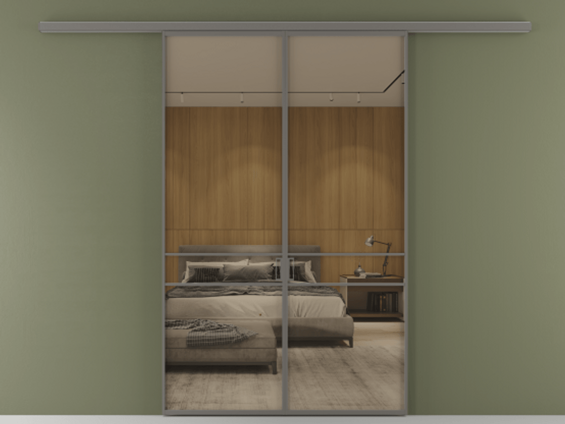 Перегородка Формато вдоль стены 2 створки АЛПР 040.02 Алюминий классический серый Рефлективное бронзовое стекло "Стопсол", калёное Цена 249000 ₽ | Volhovec