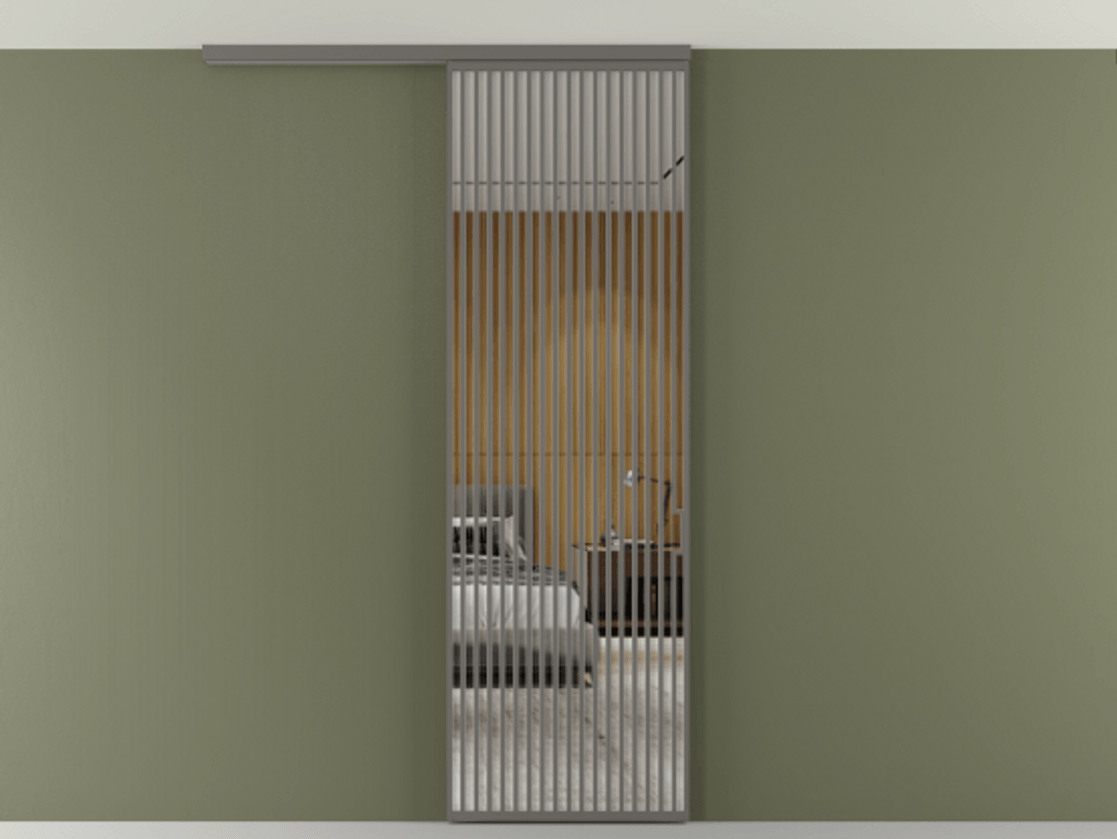 Перегородка Формато вдоль стены на потолок 1 створка АЛПР 040.06 Алюминий классический серый Двустороннее зеркало, триплекс , триплекс 6 мм Цена 38007280 so'm | Volhovec