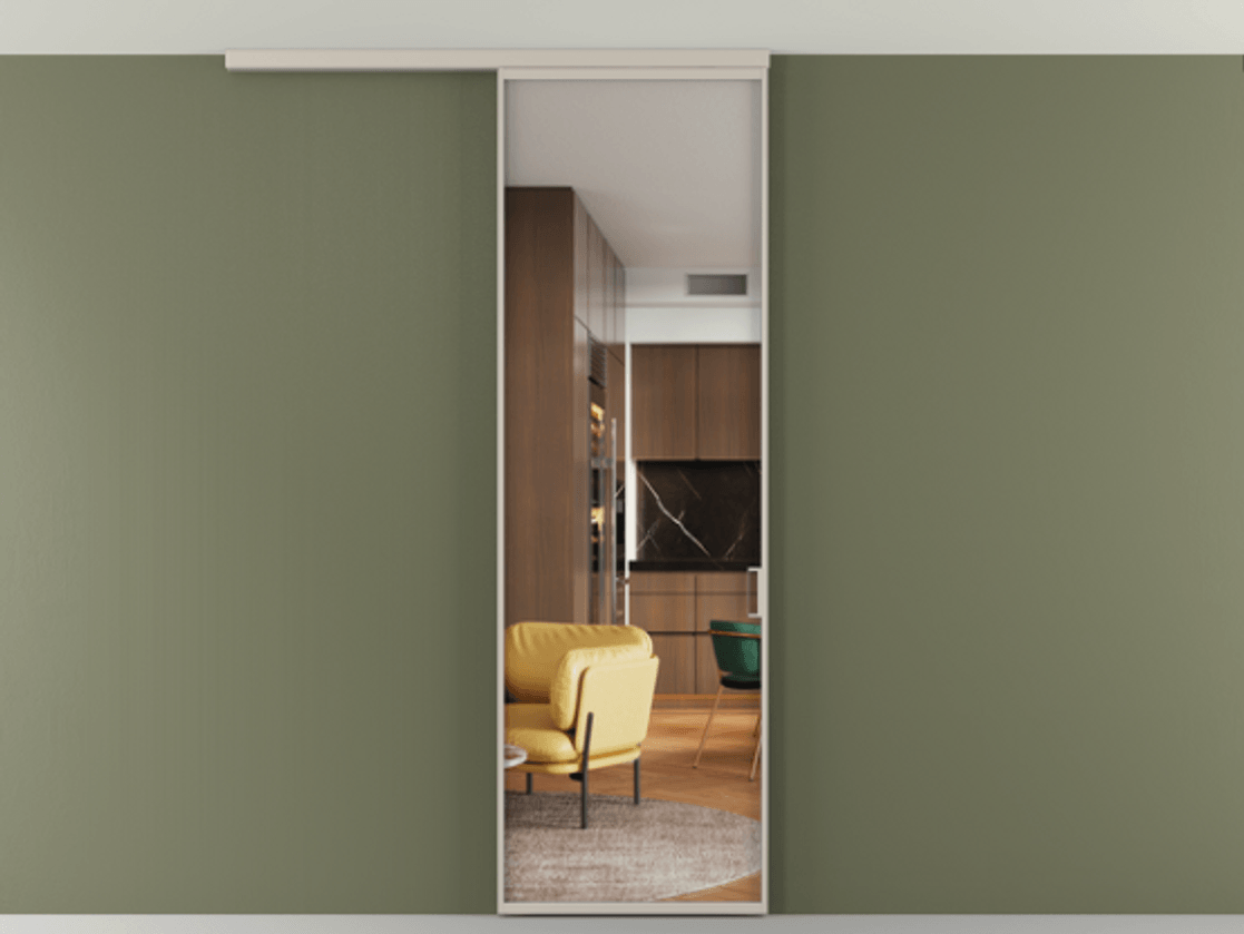 Перегородка Формато вдоль стены на потолок 1 створка АЛПР 040.01 Алюминий светло-бежевый Прозрачное стекло "Кристал Вижн", калёное Цена 119570 ₽ | Volhovec