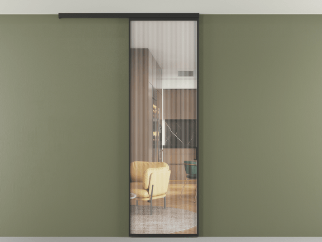 Перегородка Формато вдоль стены на потолок 1 створка АЛПР 040.01 Алюминий Черный Рифлёное стекло "Мору", триплекс Цена 19264290 so'm | Volhovec