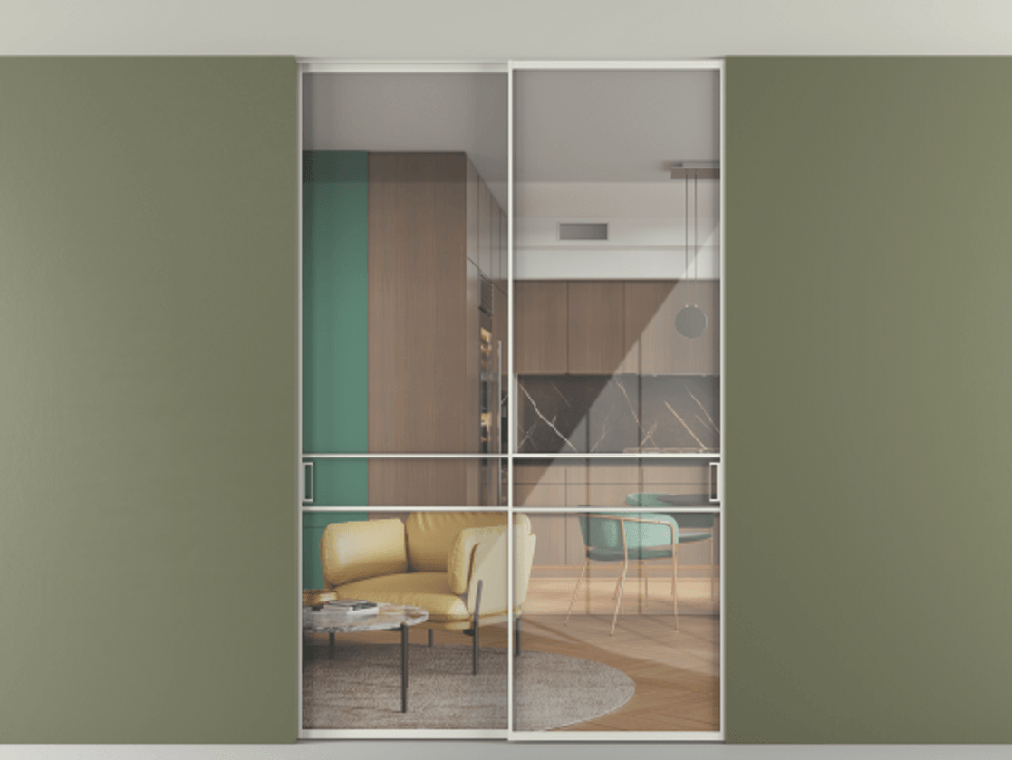 Перегородка Формато внутри проёма скрытое крепление в потолок 2 створки АЛПР 040.02 Алюминий серый Рефлективное прозрачное стекло "Стопсол", калёное Цена 336070 ₽ | Volhovec